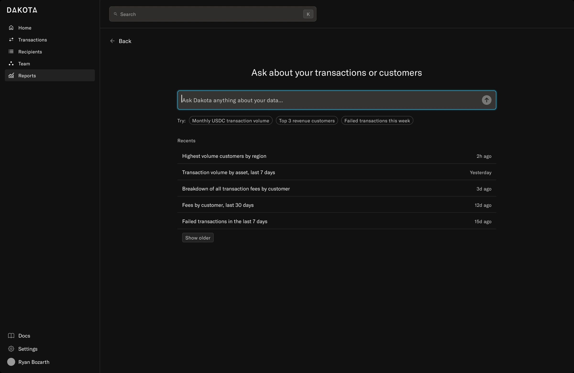 Dakota natural-language report input with suggested questions
