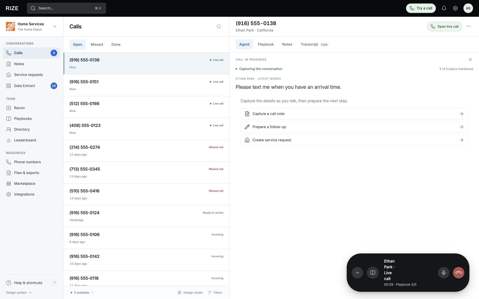 Rize live call workspace with caller context, notes and next actions