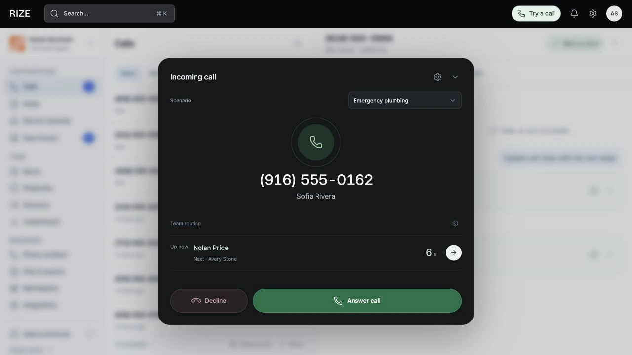 Incoming call from Sofia Rivera with team routing and an answer control