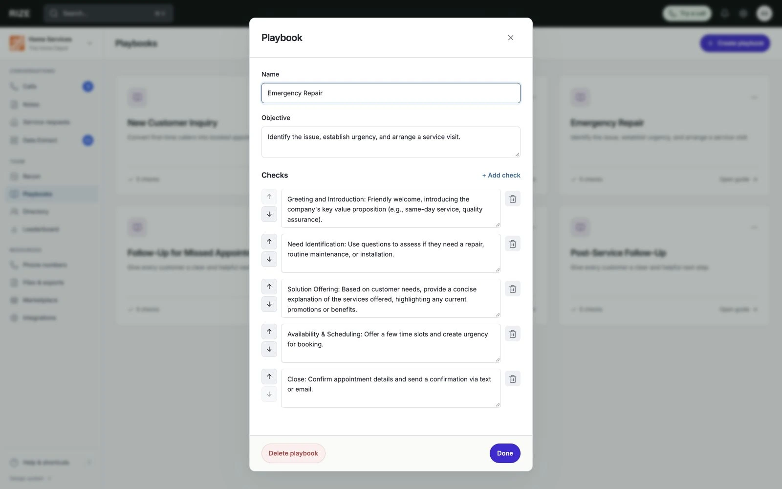 Rize playbook editor with an objective and ordered conversation checks
