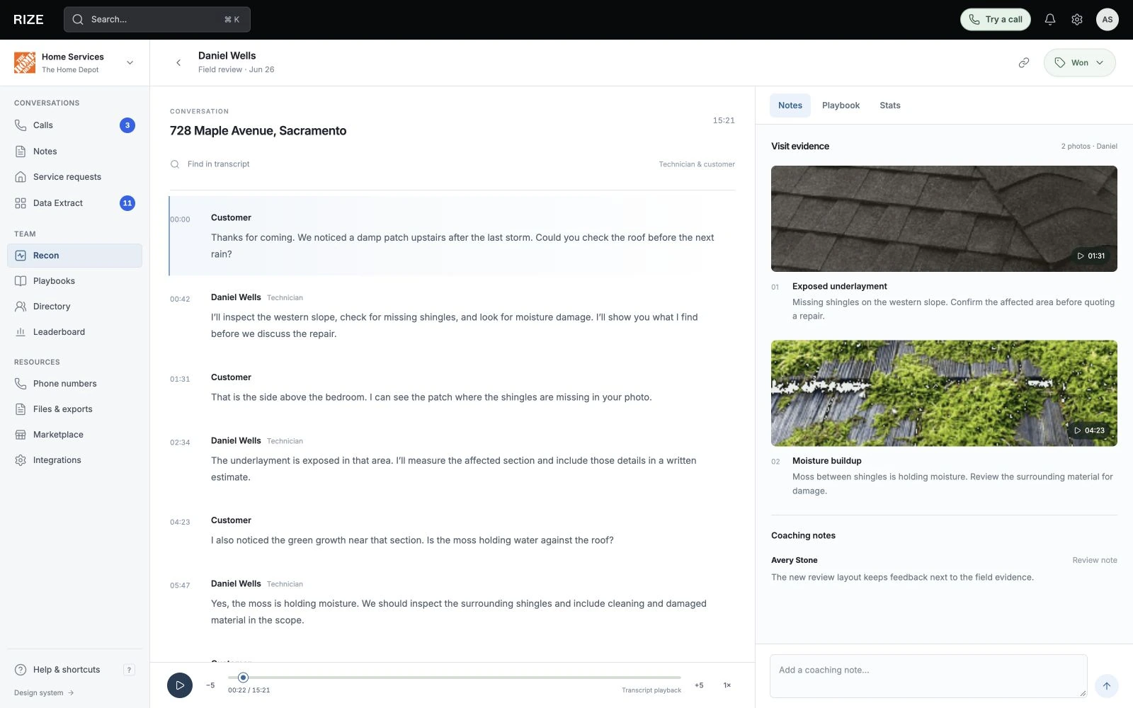 Rize Recon with transcript, job evidence and coaching tools