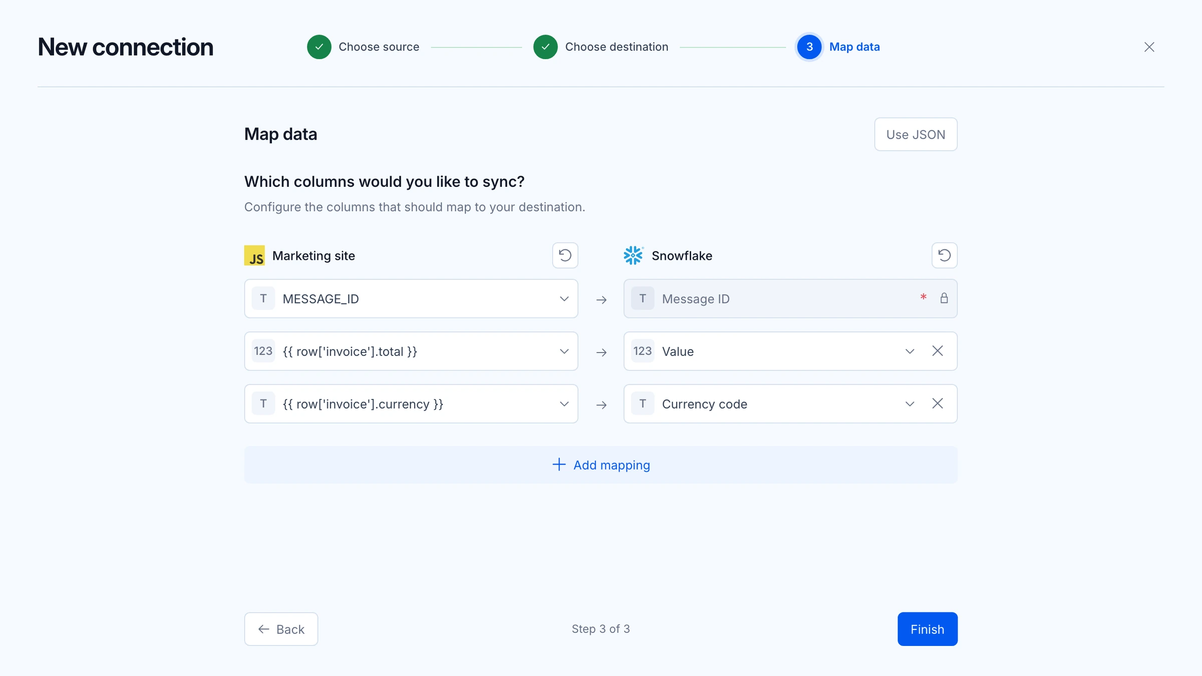 RudderStack field mapping with source fields and destination expressions