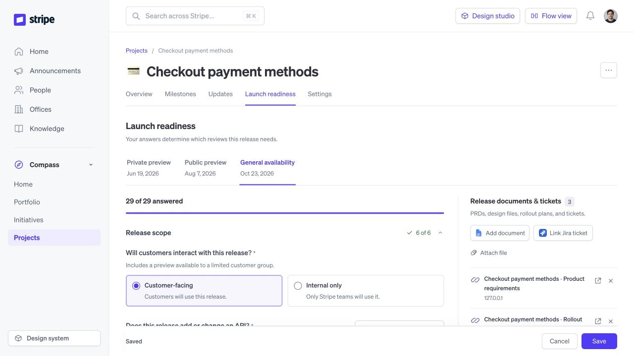 Compass launch readiness with release-specific intake and supporting documents