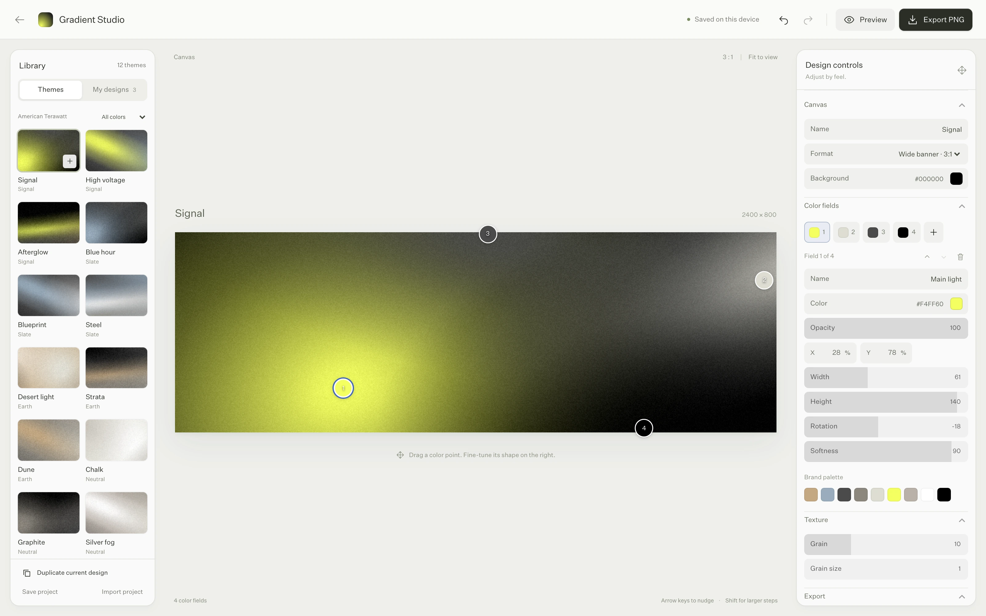 Gradient Studio · canvas, theme library and design controls